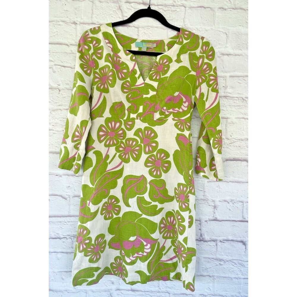Boden Retro Dress Women’s Green Floral 3/4 Sleeves 100% Linen Y2K  V-Neck Size 2